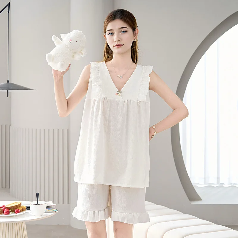 جديد 2025 ملابس نوم قطنية نسائية فاخرة وبسيطة مطبوعة بدون ياقة طقم ملابس منزلية يمكن ارتداؤها خارج رقبة على شكل حرف v بدون أكمام