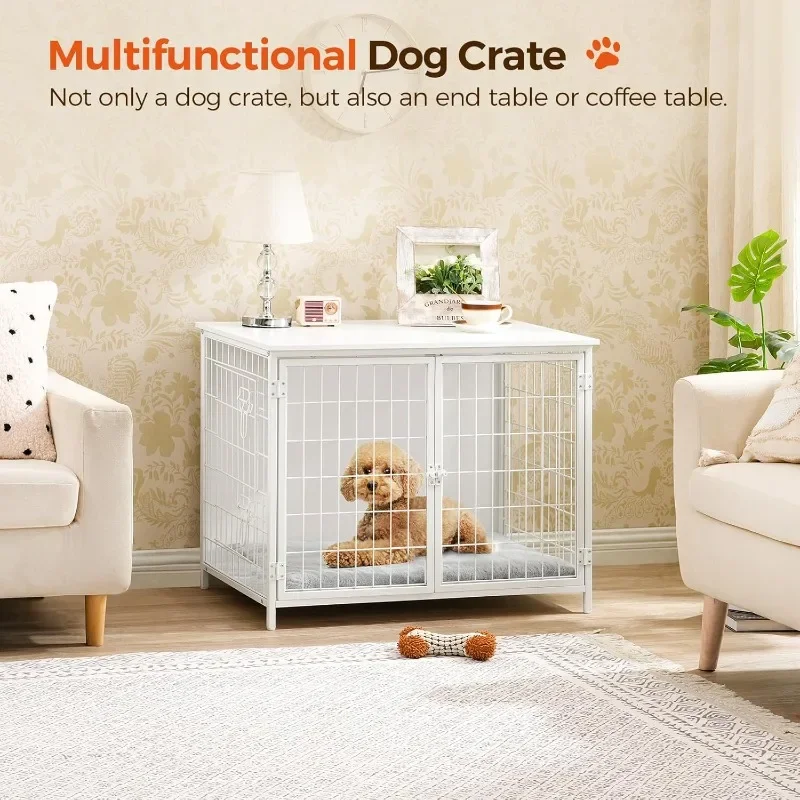 Dog Crate Furniture with Mat, Two-door Wooden Kennel, Heavy Duty Dog Crate for Dogs, Indoor Dog House End Table