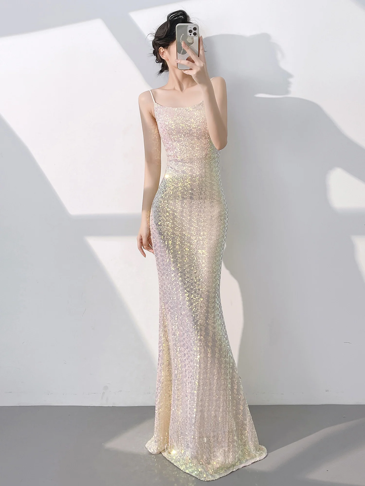 

Вечернее платье Ele, женское, новинка 2026 года, элитное, блестящее, цвета шампань, фасон «рыбий хвост», для церемоний, корейский стиль, длинное, D...