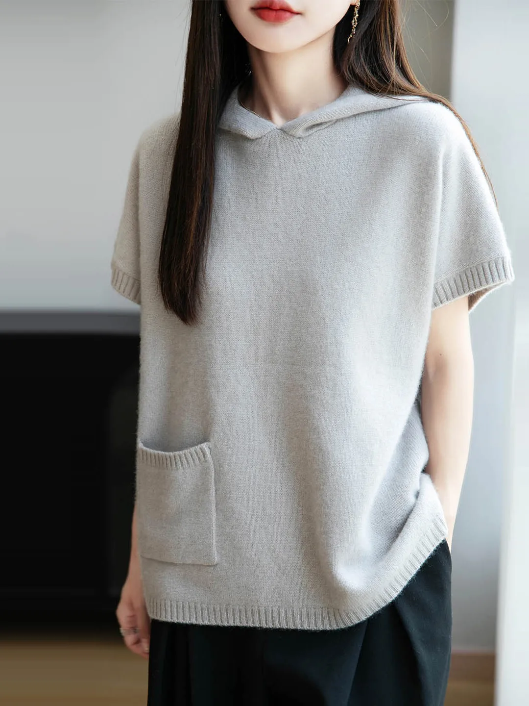 

00% Pure Wool Knitted ort Sve Hooded Women's Vest Loose Camere Sweater Casual Sle Outerwear oulder Pad Top