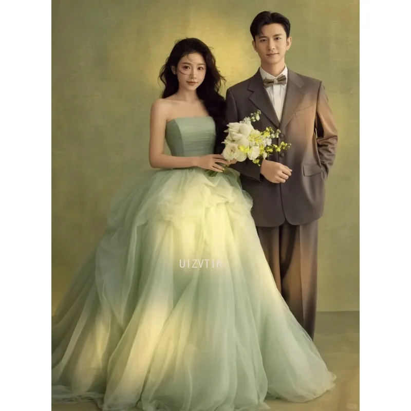 

Милое светло-зеленое корейское свадебное платье трапециевидной формы без бретелек пышные платья для фотосессии фотосессия индивидуальный корсет свадебное платье