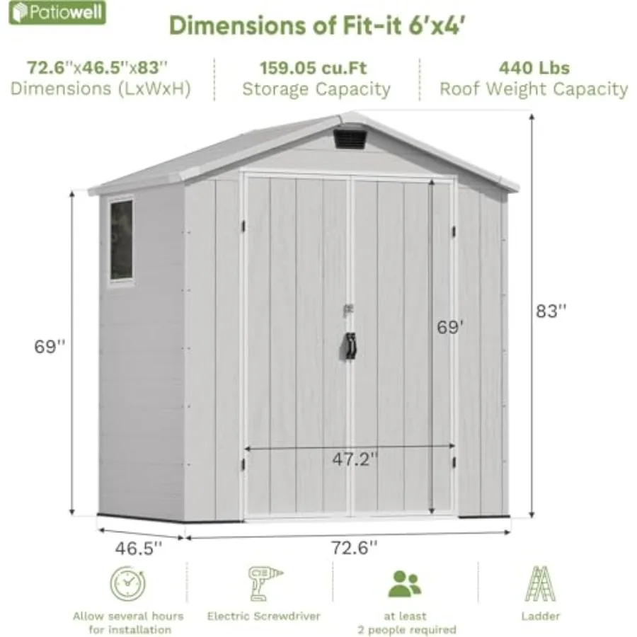 Feet Resin Outdoor Storage Shed with Floor, Light Grey