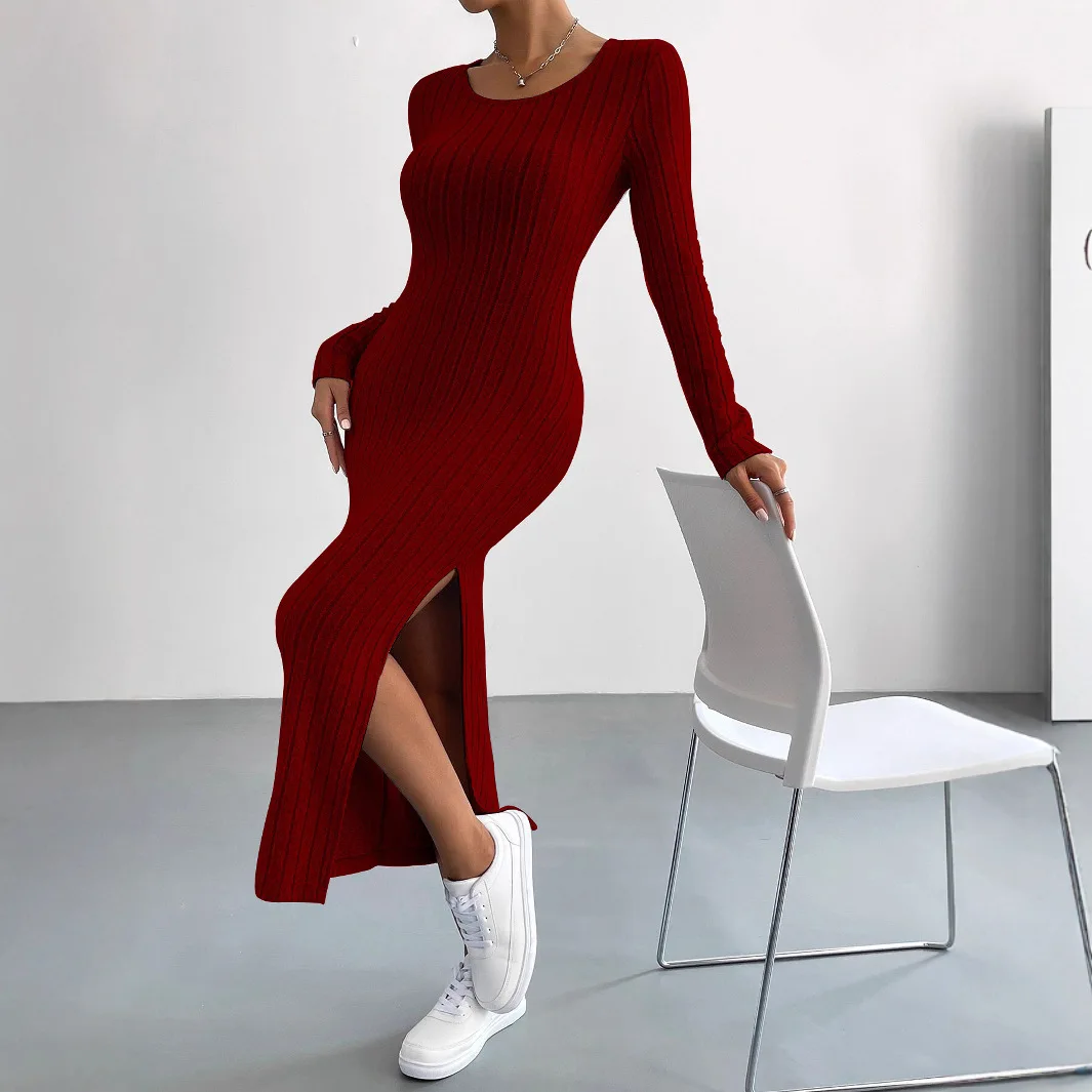 

2026 Beauty Commuting Simple Style Dress Autumn and Winter Slim Slit Hip Cover Midi Dress