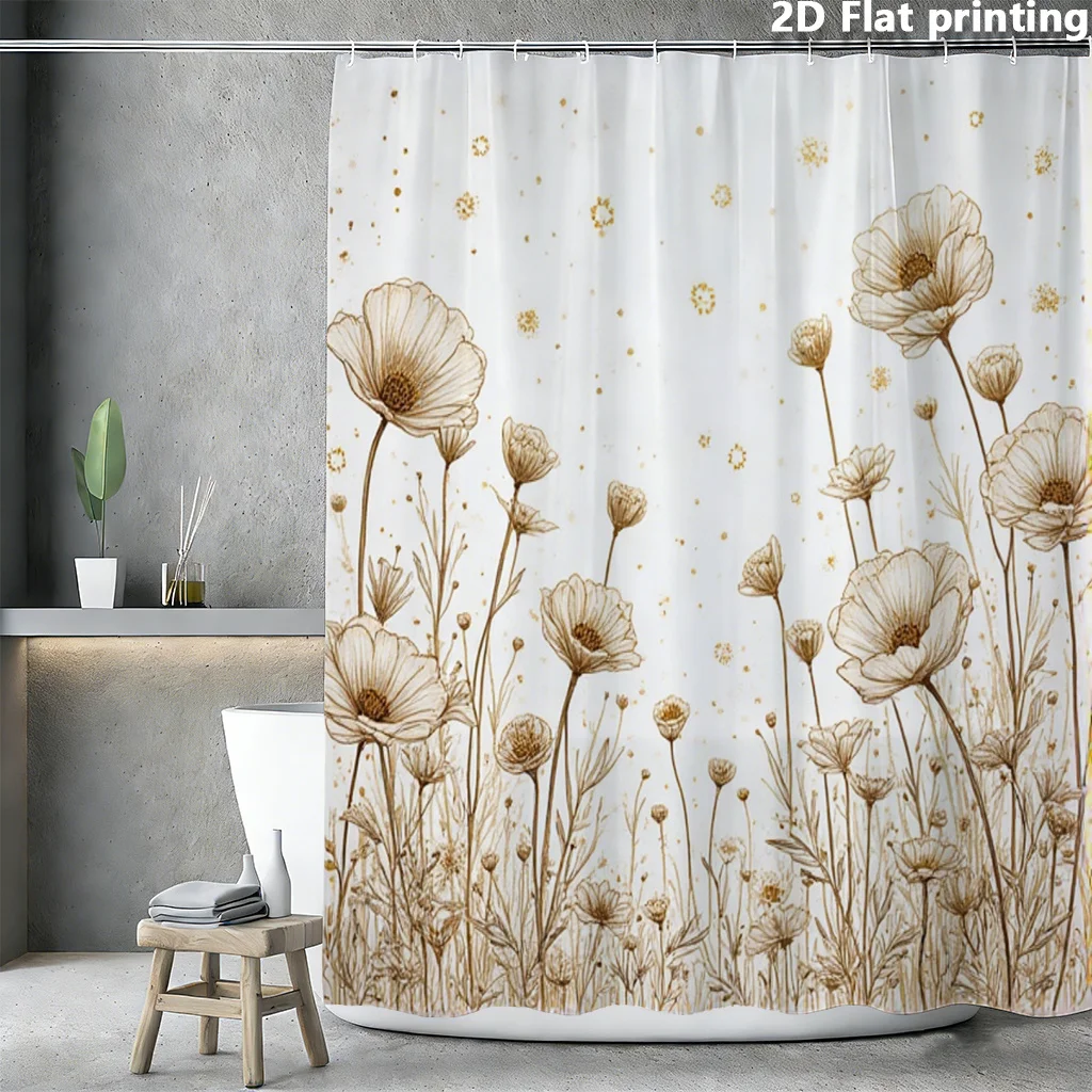 Elegant Botanical Floral Shower Curtain Waterproof Bathroom Decor Tapestry Boho Poppy Design Cottage Style Shower Curtain Liner