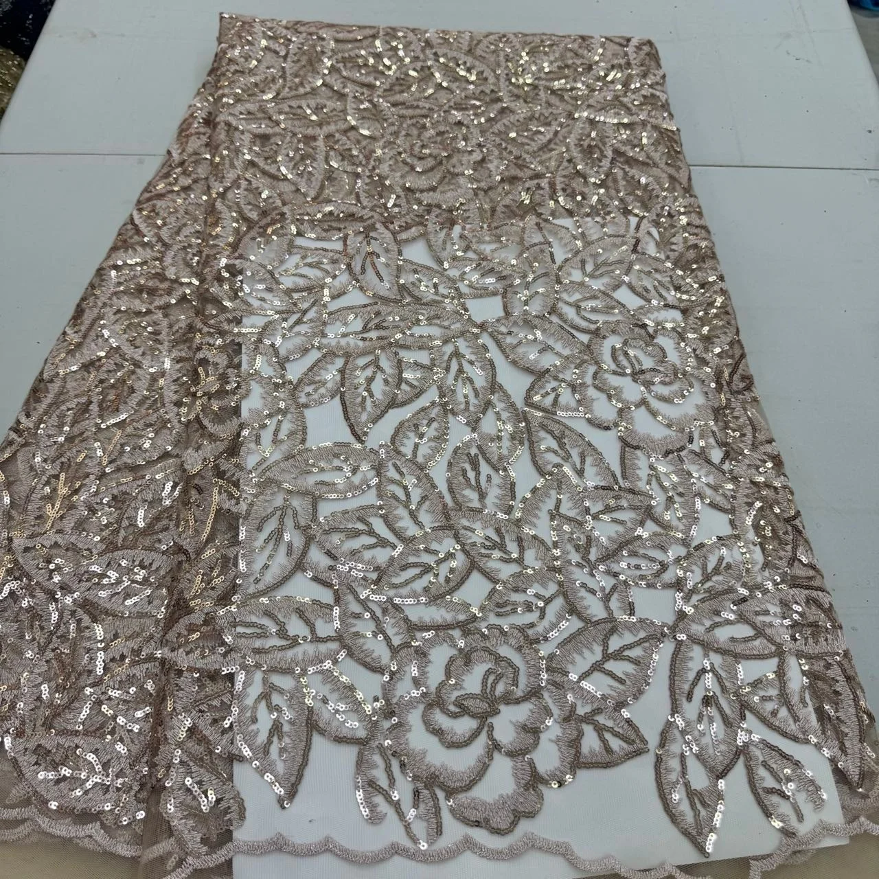 

2025 африканская нигерийская высококачественная тюль с блестками, кружевная ткань для выпускных платьев, вышивка бисером, сетчатая ткань, 5 ярдов, JY504