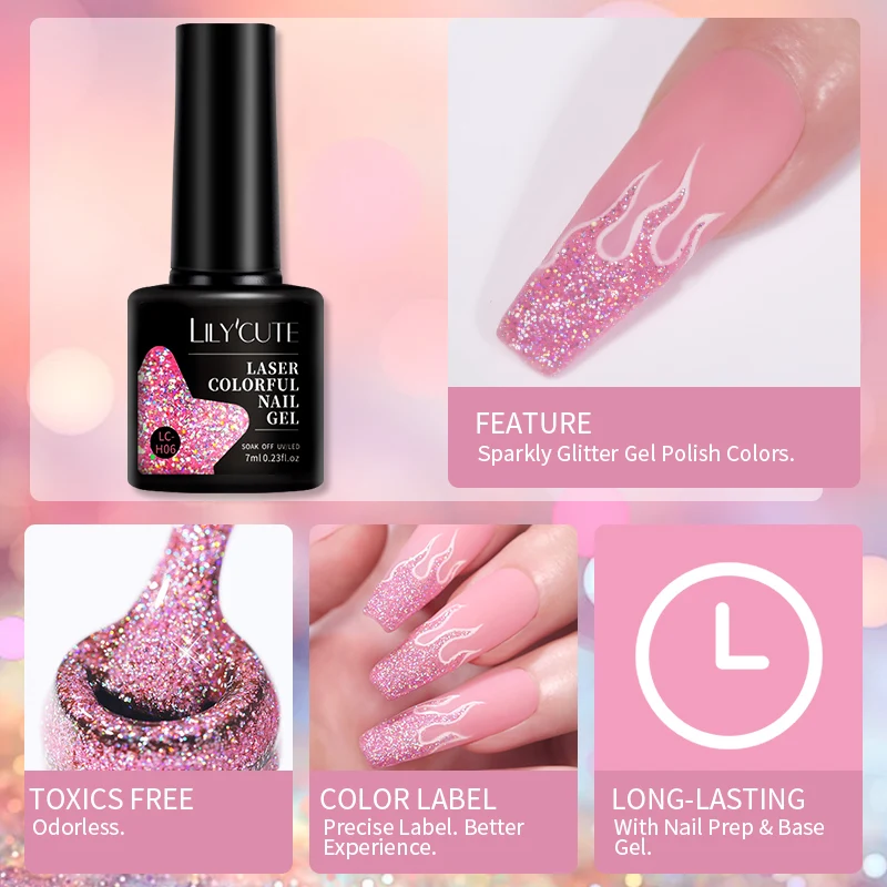 LILYCUTE 7ml Rosa brillante Gel brillo láser Esmalte de uñas Vernis lentejuelas semipermanentes Nagellak UV Gel Nail Art Esmalte Gellac