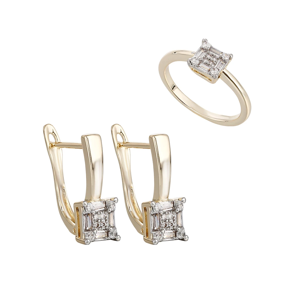 Mini-Quadrat-Ohrringe und Ring-Set, kupferbeschichtet, 14K Gold, modischer Schmuck, schlichte, funkelnde Diamant-Accessoires für den Alltag. – Detail 9