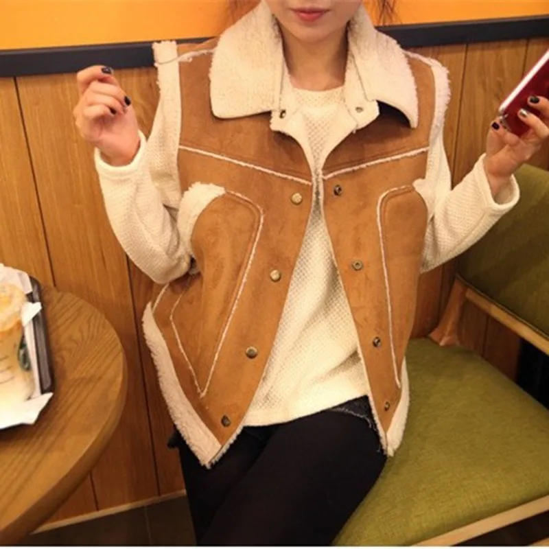 

Women's Lambswool Loose Suede Vest, Thick Jacket, Short Style, Collar Coats, Keep Warm, Korean Version, Autumn and Winter