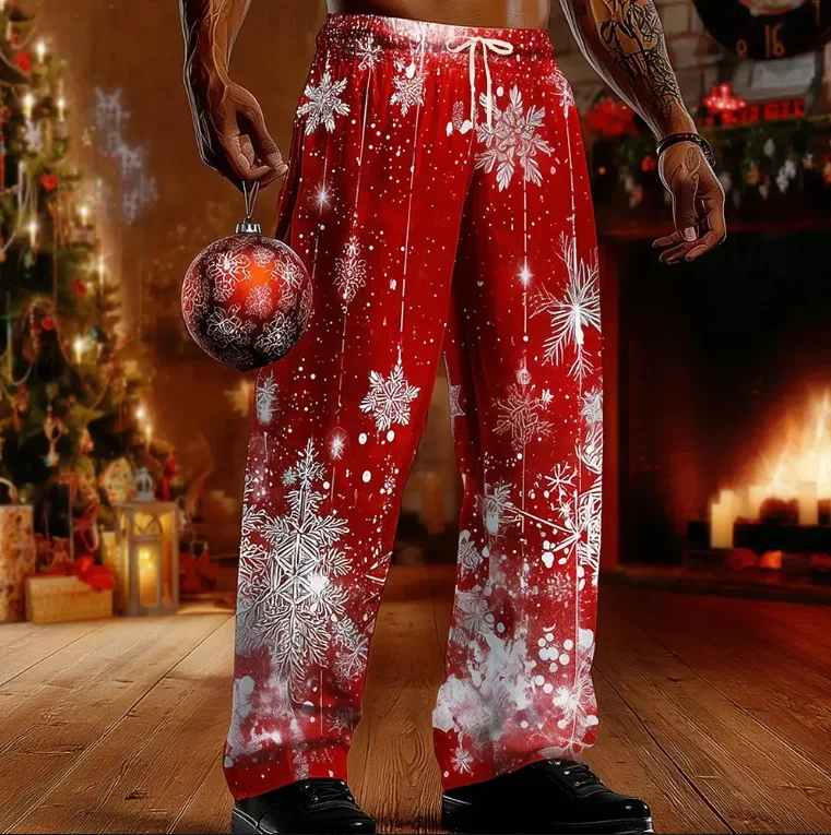 Pantalones navideños para hombre, con detalles brillantes y purpurina, de corte informal, con cintura media, cordón ajustable y pernera recta.