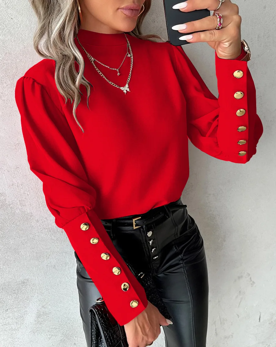 Fashion Lantern Sleeve Button Splicing Shirt Women Elegant Office Commuter O Neck Blouse Female Autumn Spring Daily Casual Tops