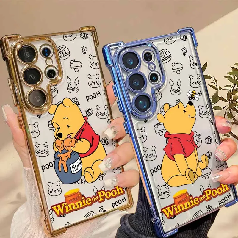 Disney Cute Pooh Bear For Samsung S26 S25 Edge S24 S23 S22 S21 S20 Ultra Plus Plating Anti-Fall Cover Silicone Capa Phone Case
