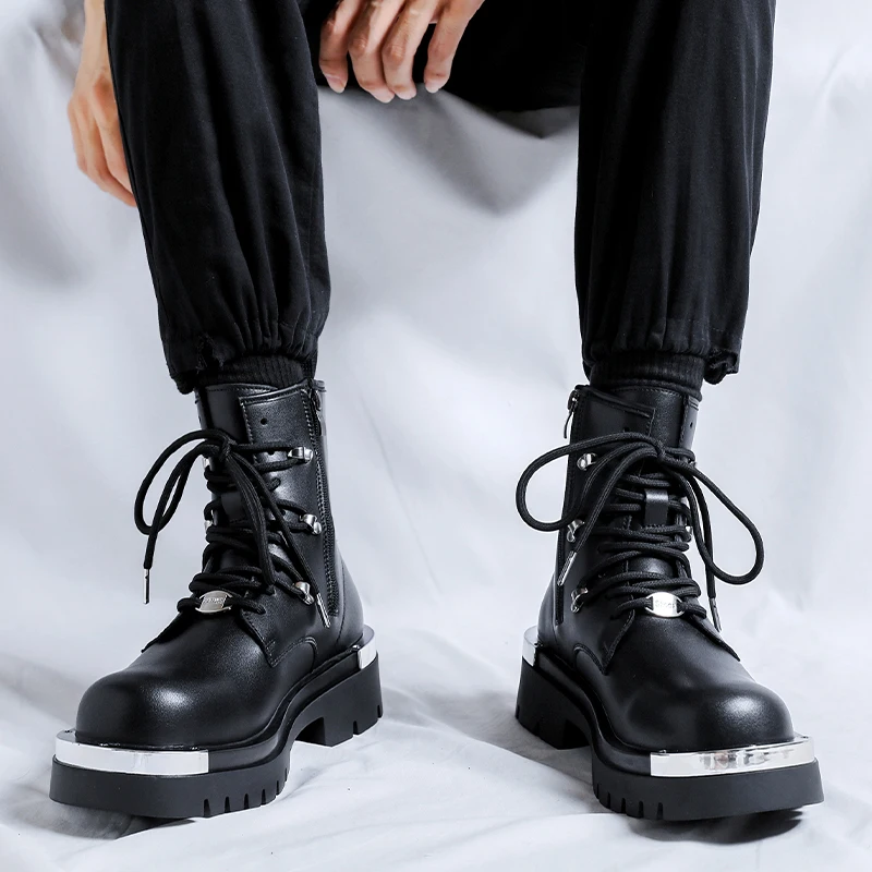 Men\'s Zipper Boots Luxury Brand Genuine Leather Casual Winter High Top Thick Bottom Men Italian Designer Punk Motorcycle Boots