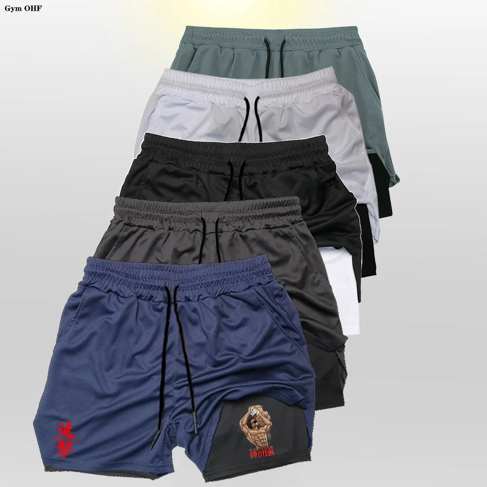 Pantalones cortos de Anime Attack On Titan para hombre, ropa deportiva de secado rápido, 2 en 1, doble cubierta, entrenamiento y Fitness