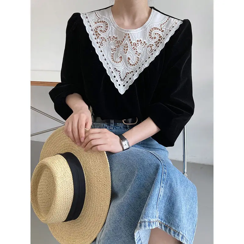 Spring Autumn New Black Golden Velvet Tops Tees Long Sleeve Hollow Out Patchwork Office T Shirts Elegant Fashion Women Clothing