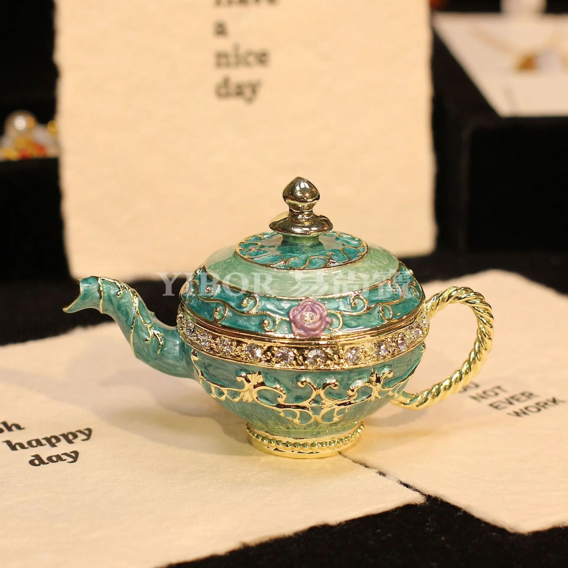 

Metal Cloisonne Teapot Jewelry Box, Vintage Gold Enamel Figurine, Rhinestone Accent Handcrafted Gift for Vanity Decor