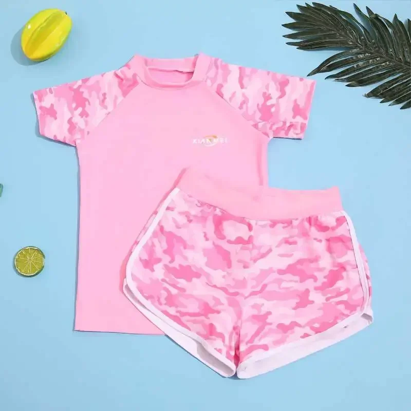 New Two Pieces Children Swimsuit Split Camouflage Print Fashion Korean Version Girls Sports Swimswear with Swim Trunks