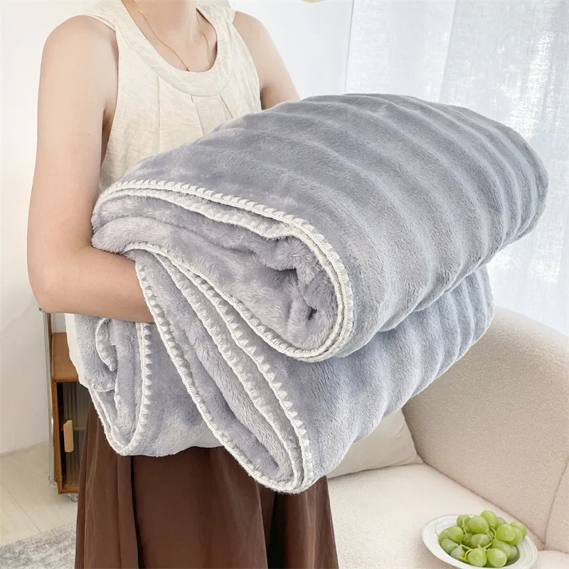 Fashion Faux Rabbit Plush Blanket with Edging Nordic Soft Warm Sofa Blanket for Office Home Comfortable Quilt for Single Double