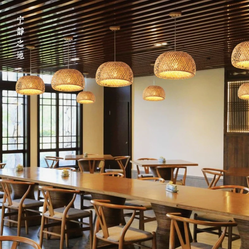 Modern Bamboo Weaving Wabi Sabi Style Zen Style LED Pendant Light Living Room Study Homestay Dining Retro Lighting Decoration
