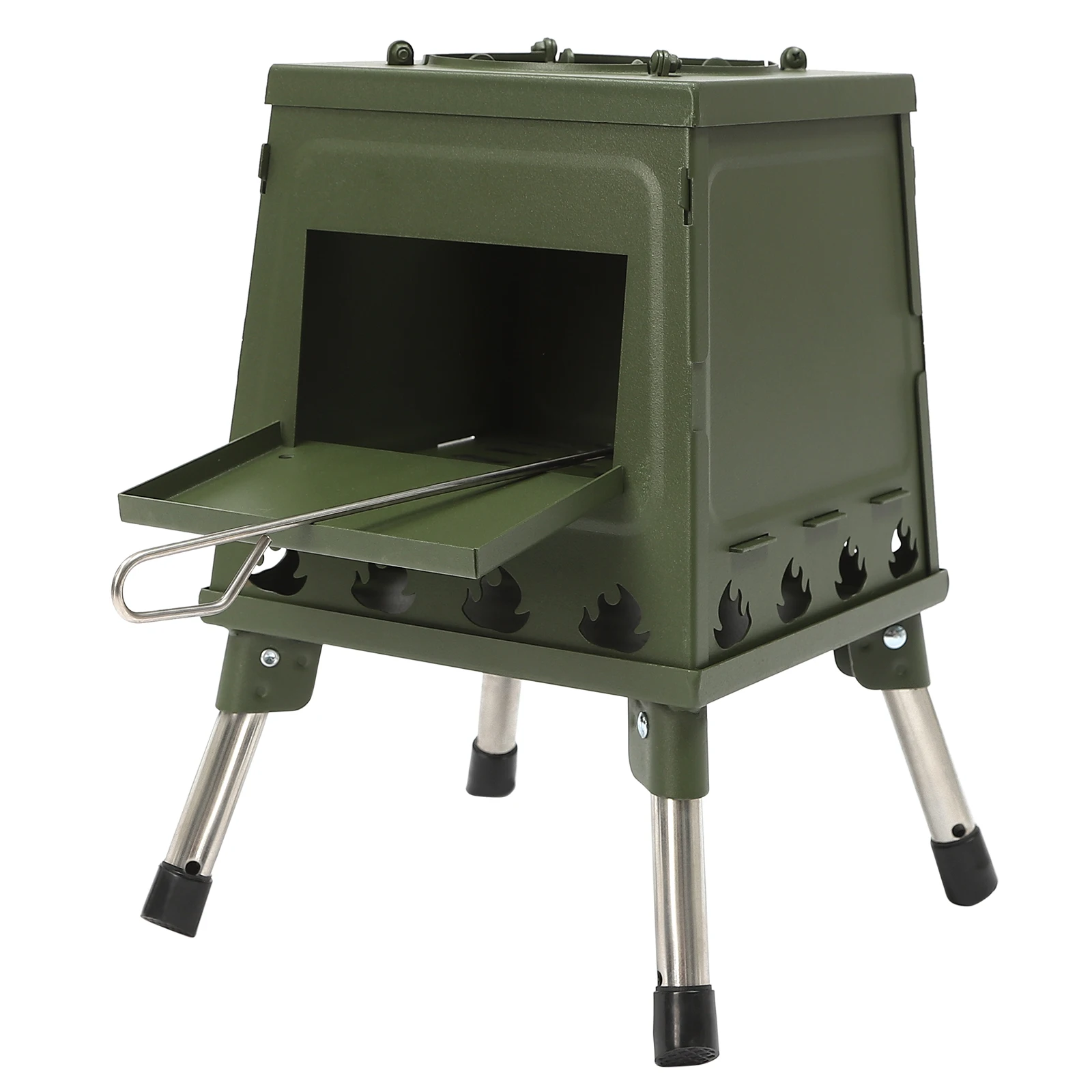 Schwarz/Grün Zeltkocher Tragbarer Windgeschützter Klappbarer Holzofen für Outdoor-Zelte mit Verstellbarem Topfhalter und Großem Einfülltisch – Detail 15