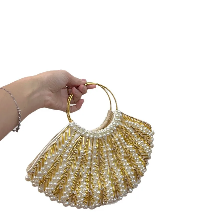 Women Woven Hand Bag Hollow-out Wooden Bead Bag Bucket Shoulder Bag Female Reticulate Netted Beach Handbag