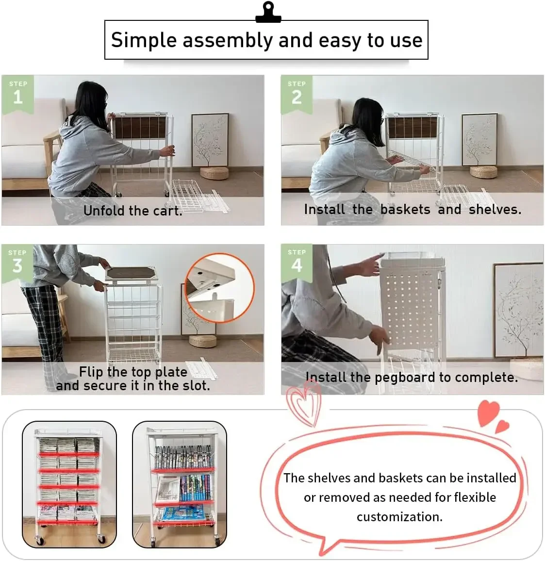 Carro de libros plegable, estantería de gran capacidad de 6 niveles, estantes inclinados en forma de V de una sola cara con ruedas de freno con PegBoard Slim Rol