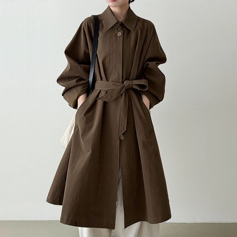 

FANAN Vintage Lapel Trench For Women Belt Gathered Waist Single Breasted Long Windbreaker Fashion Female Coats 2025 Autumn New