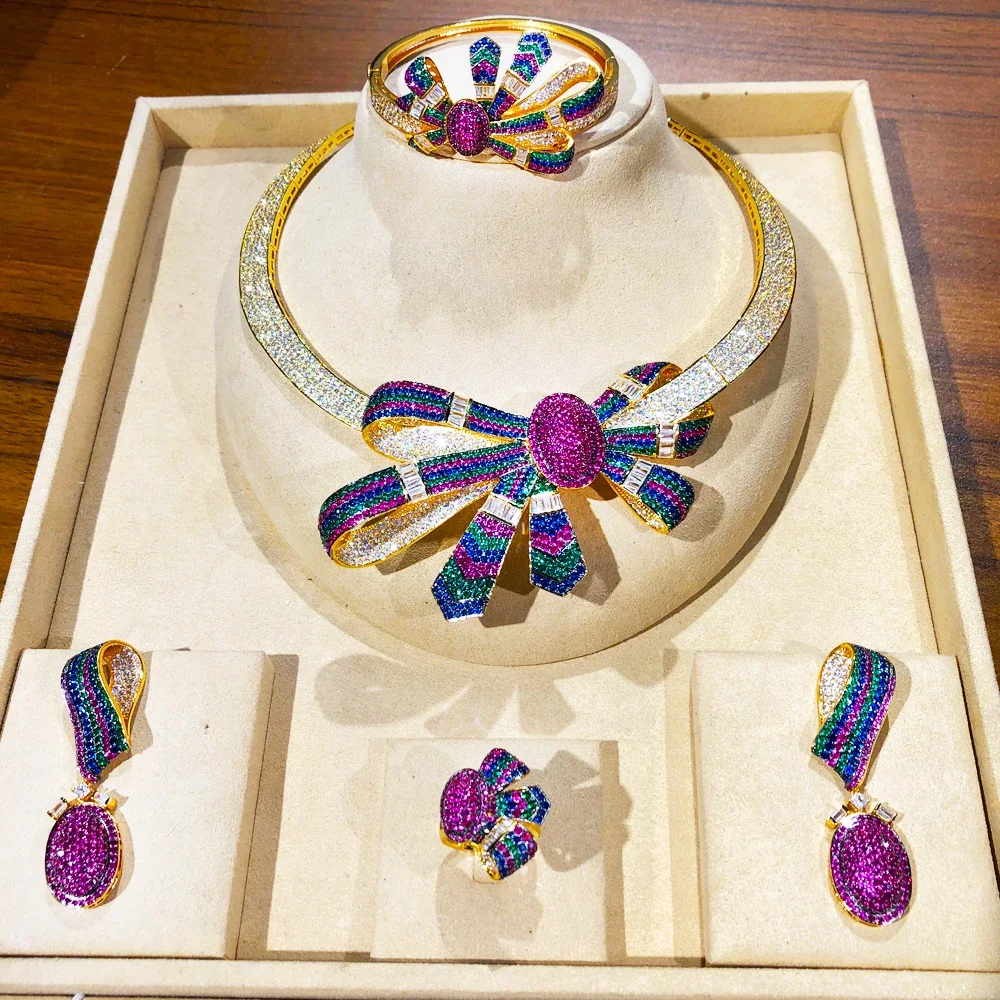 

Soramoore Luxury Trend Bow Knot African Jewelry Sets Necklace Earrings Bangle Ring Set For Women Wedding Jewelry Trendy HOT New