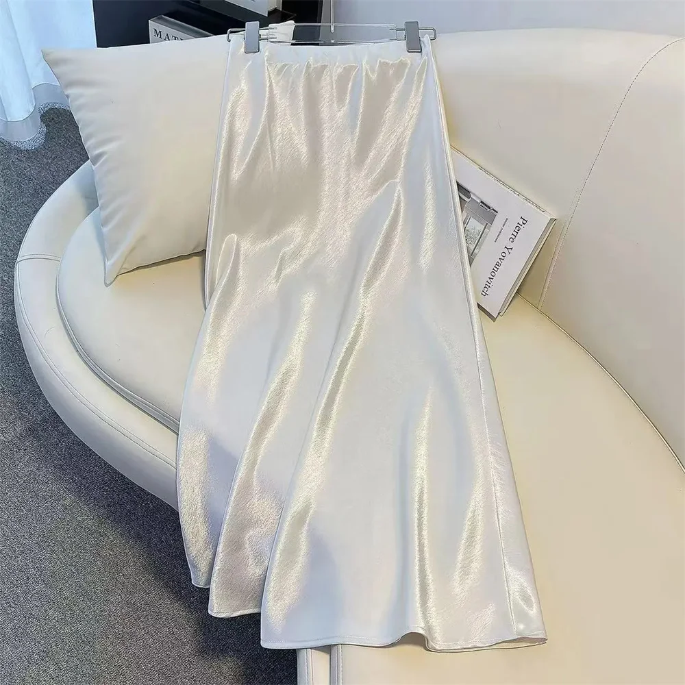

Shinny Acetate Trumpet Long Skirt Women Elastic High Waist Pearlescent Drape Elegant A-line Skirts Solid Korean Style Simple