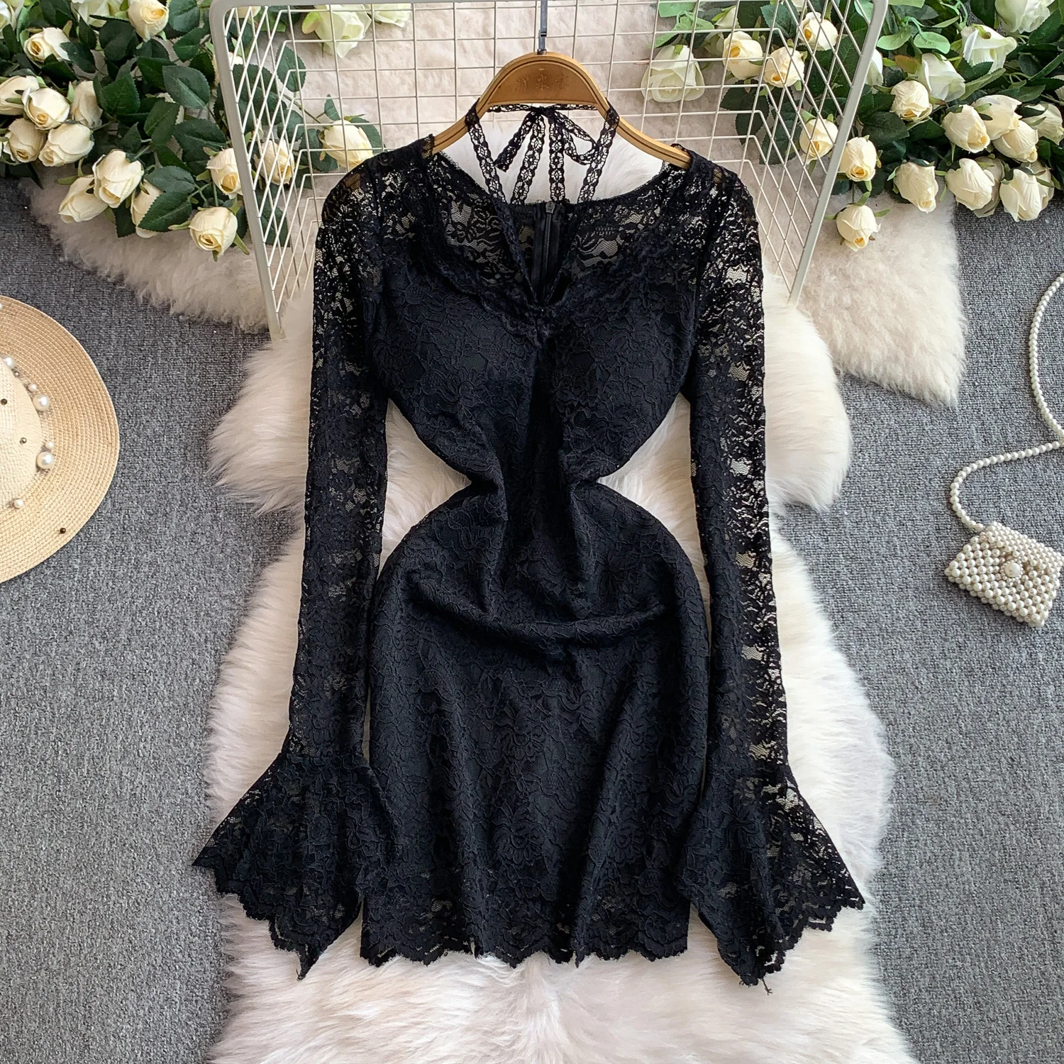 فستان أنيق عتيق بأكمام طويلة ورقبة على شكل حرف v من الدانتيل فستان صيفي بوهو على الموضة الكورية الجنية ملابس نسائية