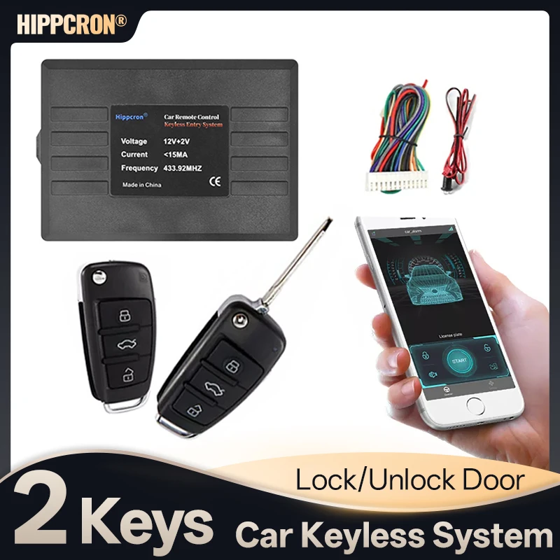 

Hippcron Car Alarm System Entry Keyless System Central Locking Auto Remote Central Kit Door Lock APP With Remote Control