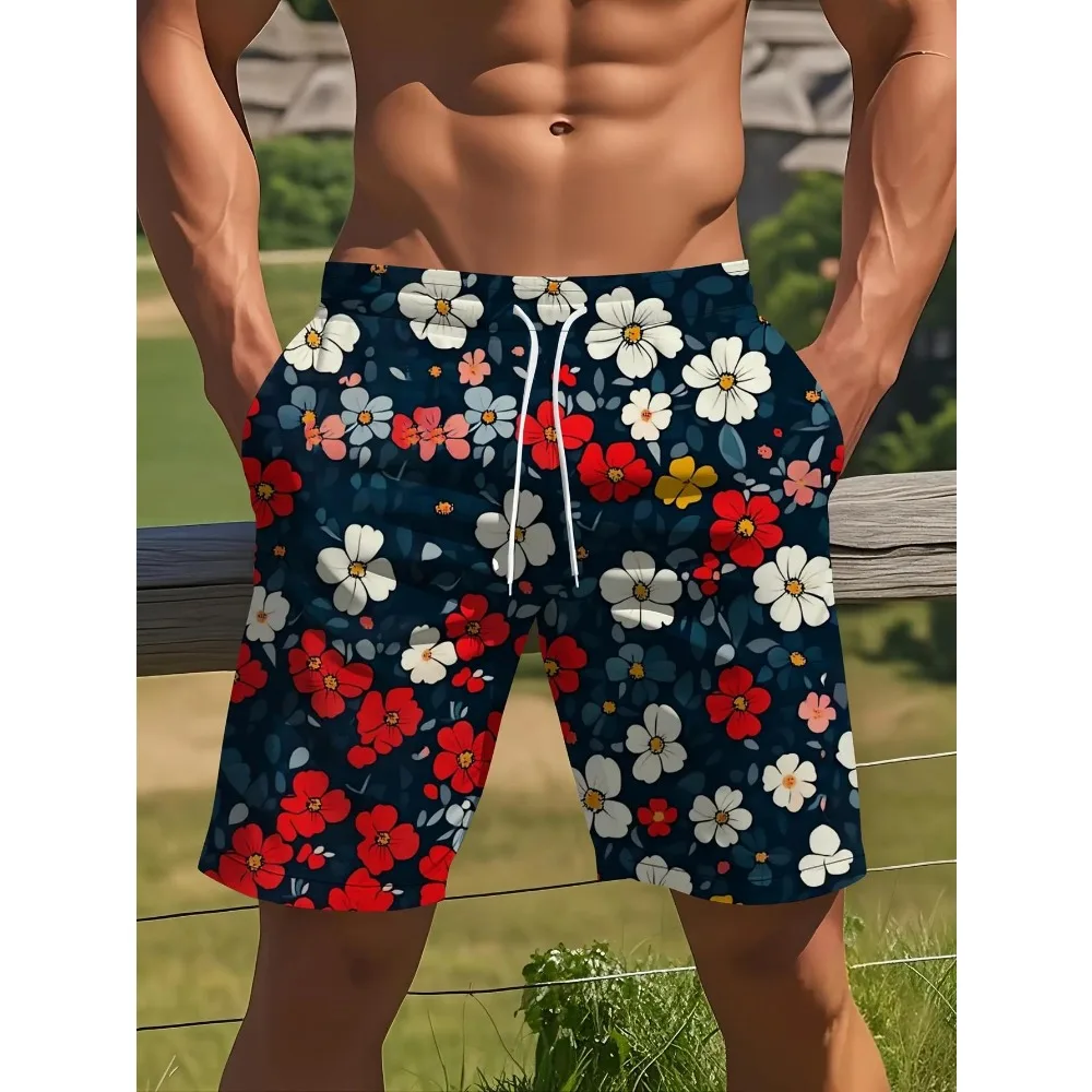 Camping casual swim trunks retro dark color daisy pattern suitable for various occasions beach vacation shorts