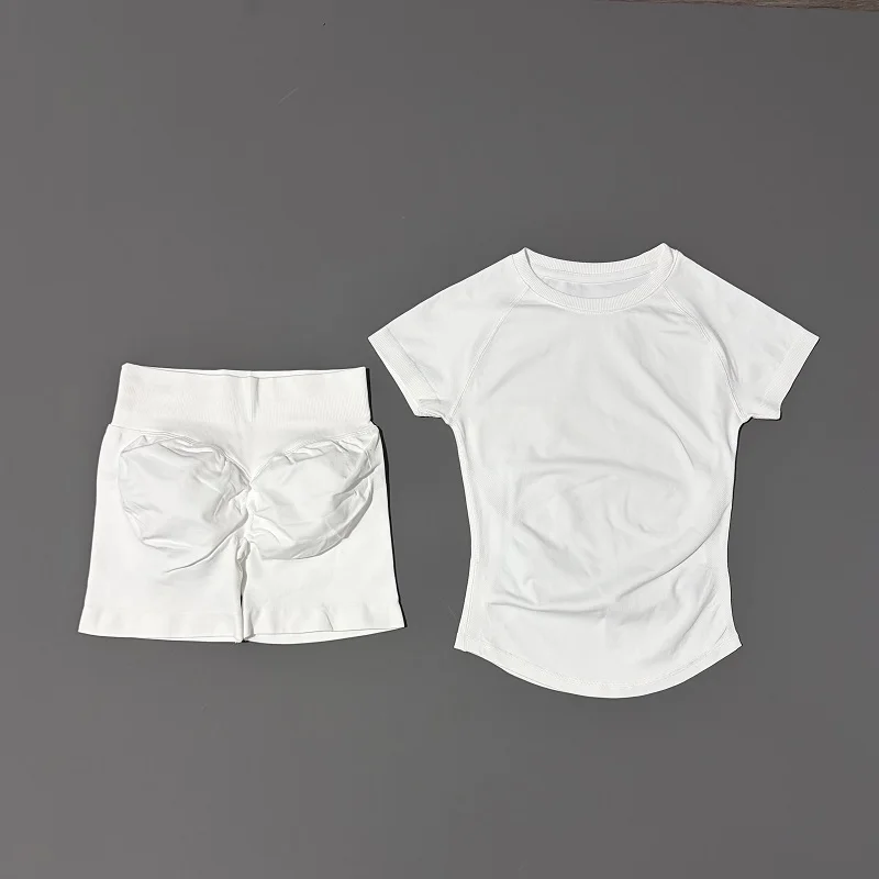 2-delige sportgymset voor dames, naadloos gebreide yogatop met korte mouwen, fitnessset, workout, hardlopen, sport, korte leggings, pak