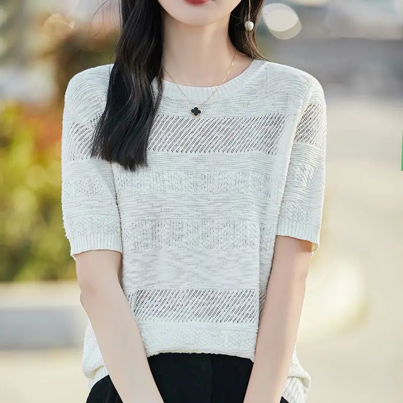 Summer New Style T-shirt with Hollow Texture Round Neck Jacquard Short sleeved Knitted Sweater Loose and Fashionable Top