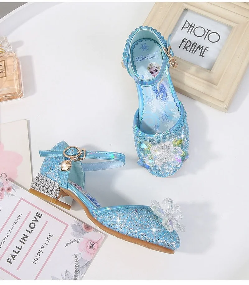 Disney-Sandalias de tacón alto para niñas, zapatos de princesa de Frozen, calzado de gran tamaño, calzado de belleza exquisita, 2022