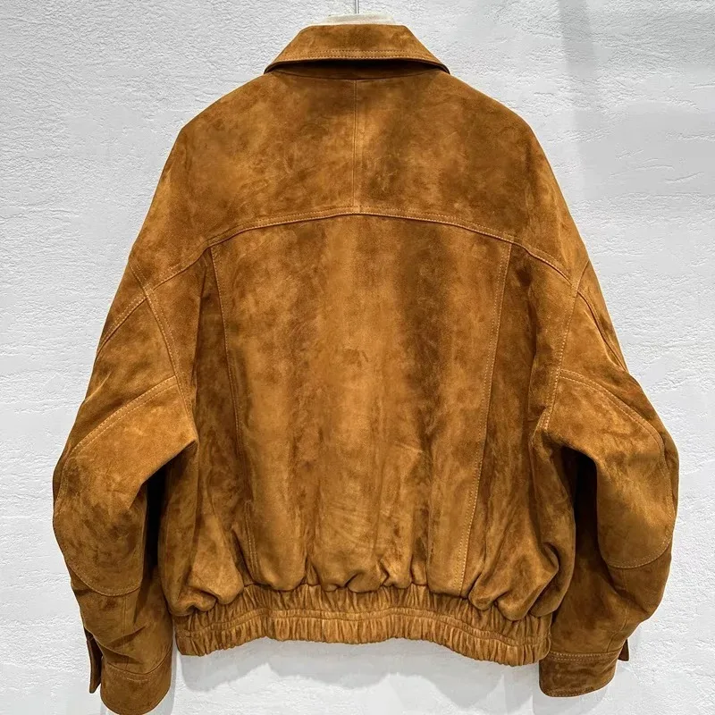 Retro High End นําเข้าหนังนิ่มหนังเสื้อแจ็คเก็ตผู้หญิงสแควร์คอพับแขนกระเป๋าขนาดใหญ่ 100% เด็ก Suede Coat Top