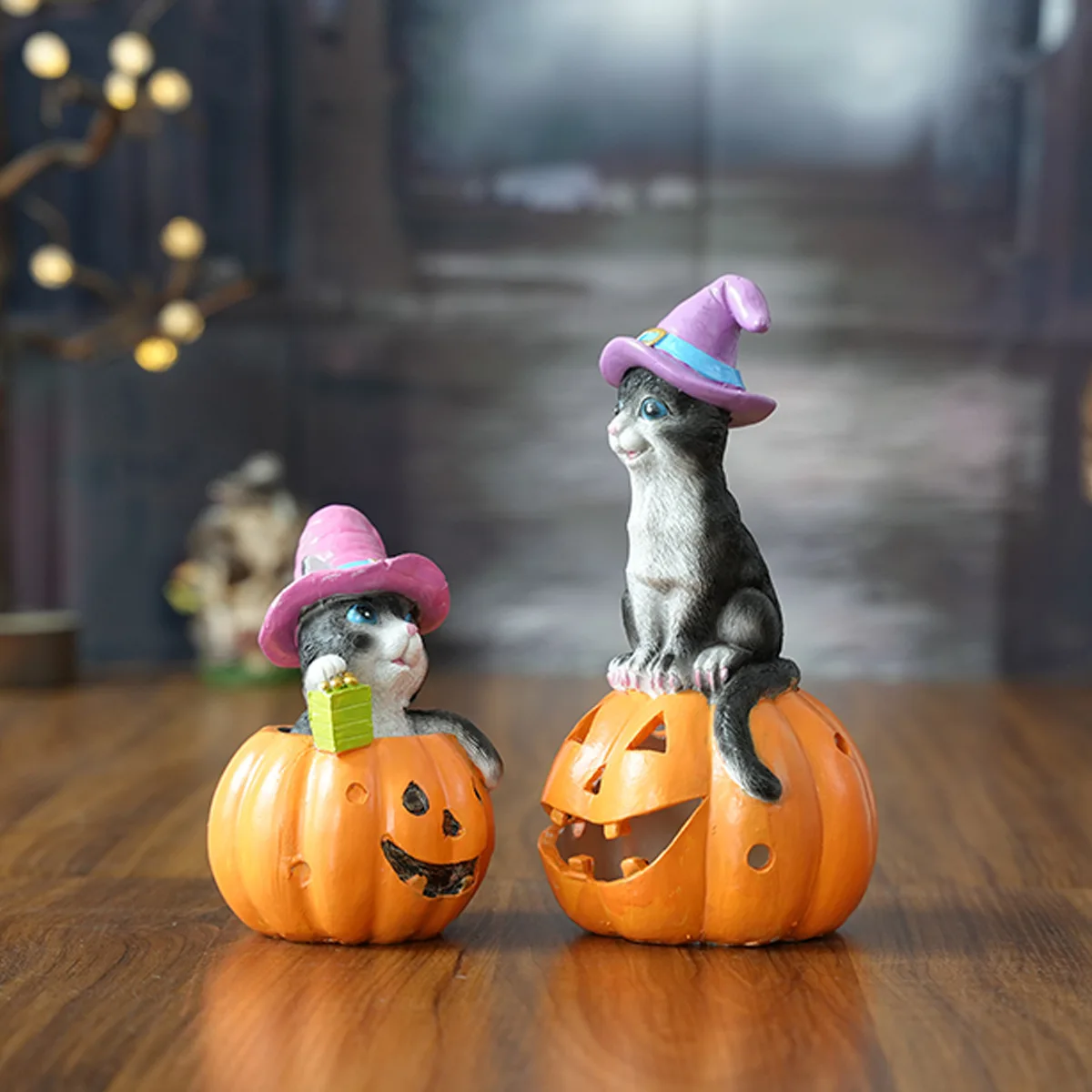 

Halloween Resin Pumpkin Cat Ornament | Cute Cartoon Witch Hat Mini Desktop Decor for Home & Festival Atmosphere