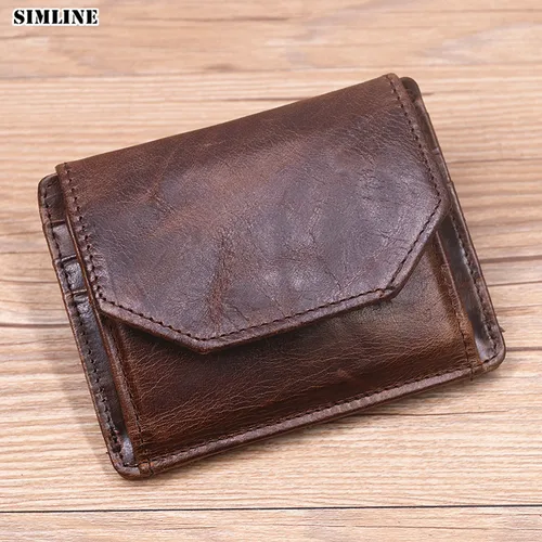 Cartera de cuero genuino para hombre, billetera corta Vintage Original, monedero con tarjetero, bolsillo para monedas y ventana de identificación