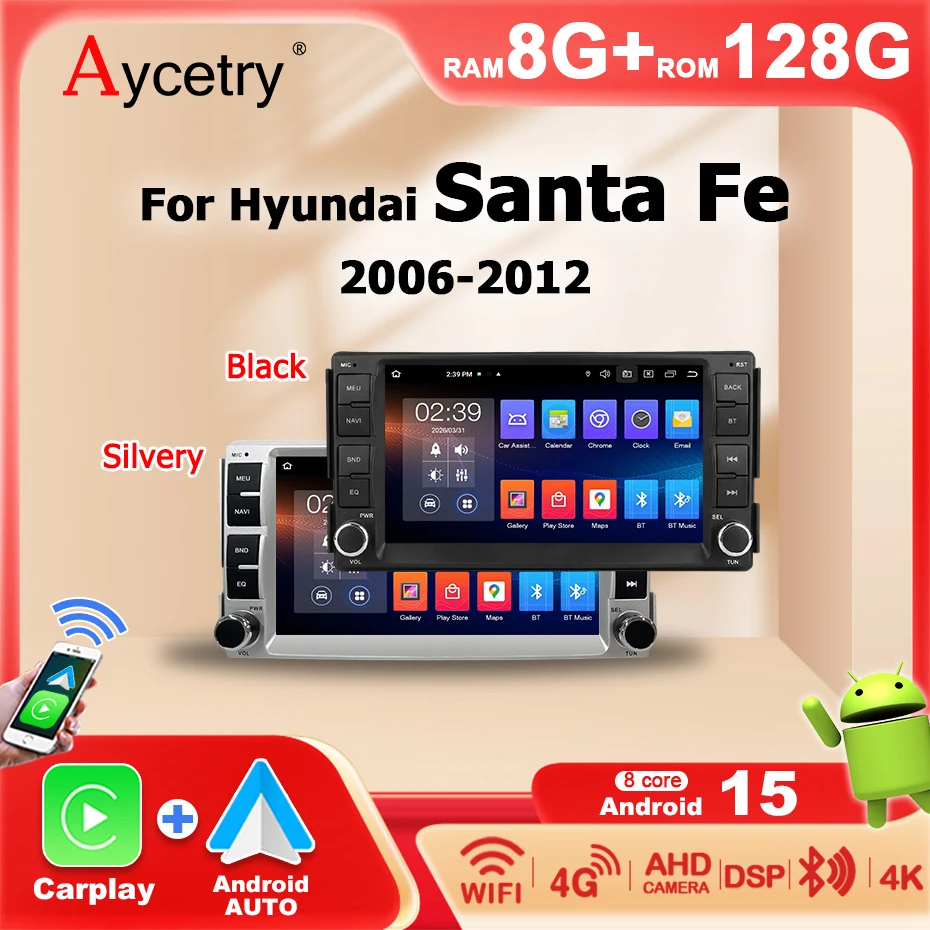 Autoradio 2 DIN Android 15 con CarPlay Wireless, Schermo da 7 Pollici per Hyundai Santa Fe 2006-2012, Bluetooth, 8G 128G, Lettore Multimediale, Navigazione GPS