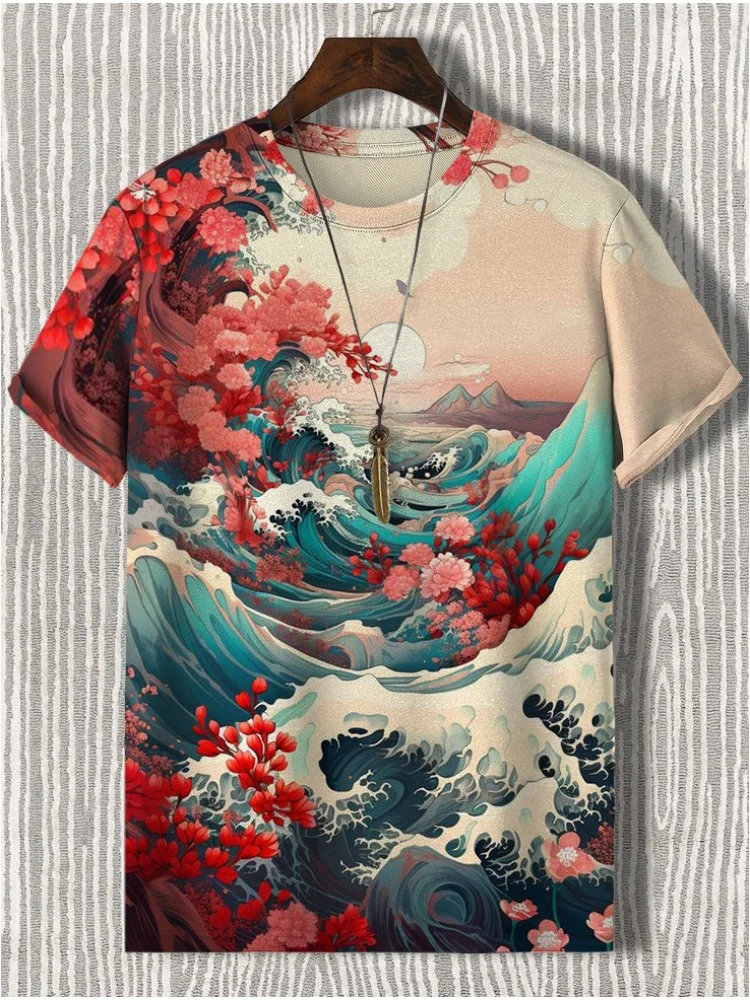 Men\'s T-Shirt Japanese Style Ukiyo-e Graphic 3D Printed T-Shirt Casual Short Sleeved Tee Outdoor Oversized Men Clothing Tops New