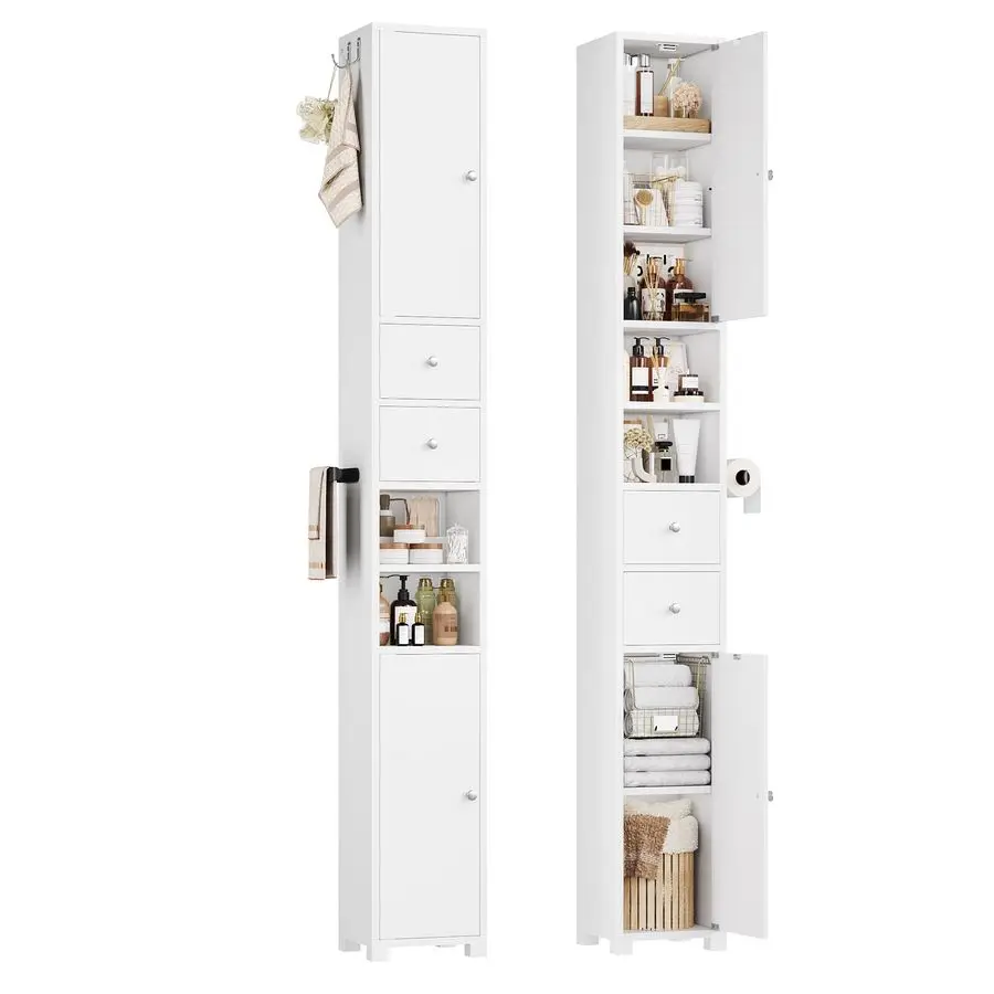 181.5cm Tall Bathroom Cabinet 20cm Slim Bathroom Storage Cabinet Free Standing Narrow Cupboard with Adjustable Shelves, 2 Drawe