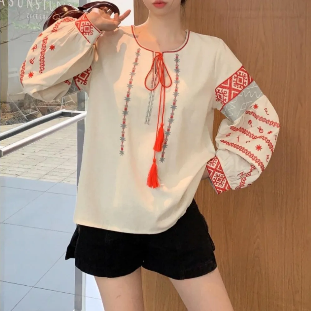 Vintage O-neck Lace-up Elegant Long Lantern Sleeves Chic Embroidered Top Bohemian Streetwear High Street Autumn Basics Clothing