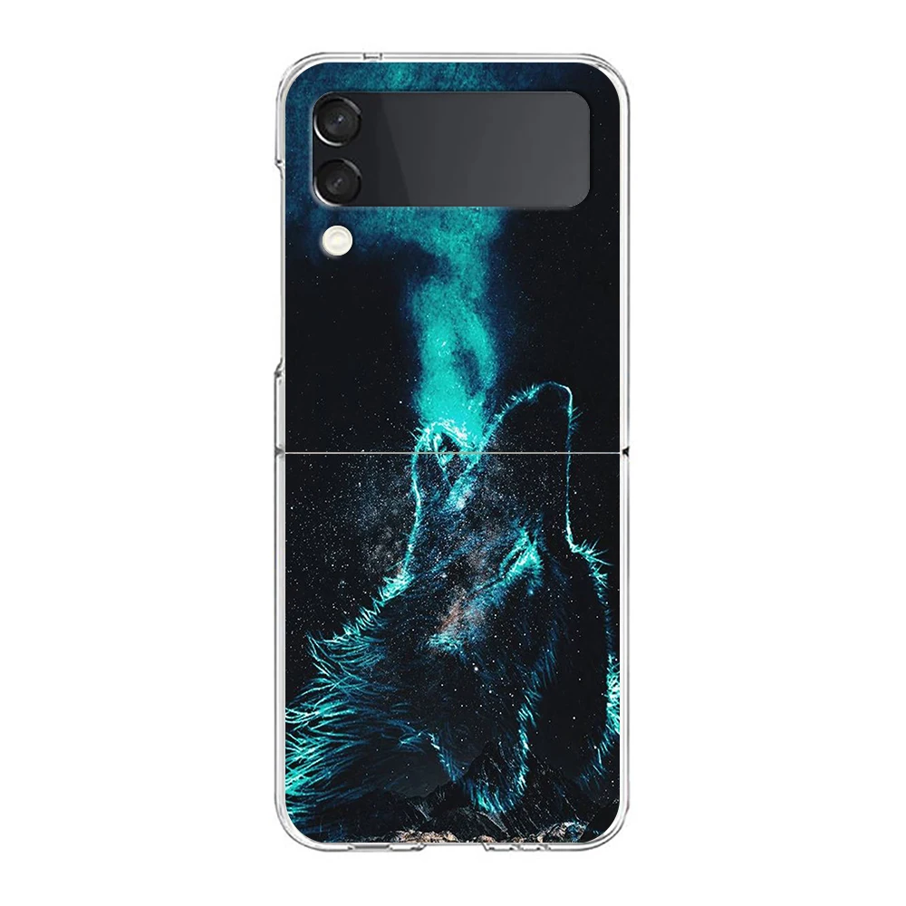 Moon Roaring Wolf Hard PC Phone Case For Samsung Galaxy Z Flip 5 4 3 Transparent Cover For Galaxy Z Flip 6 Foldable Shockproof