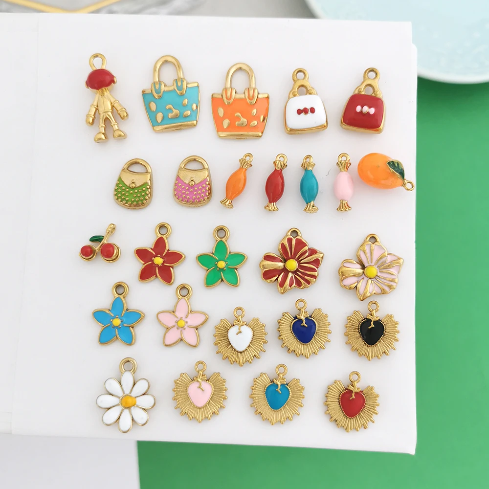 

2pcs/lot Stainless Steel Pendant Charm Flower Bag Fruit Heart Robot Candy Colorful Necklace Gold Color White Wholesale QMHJE