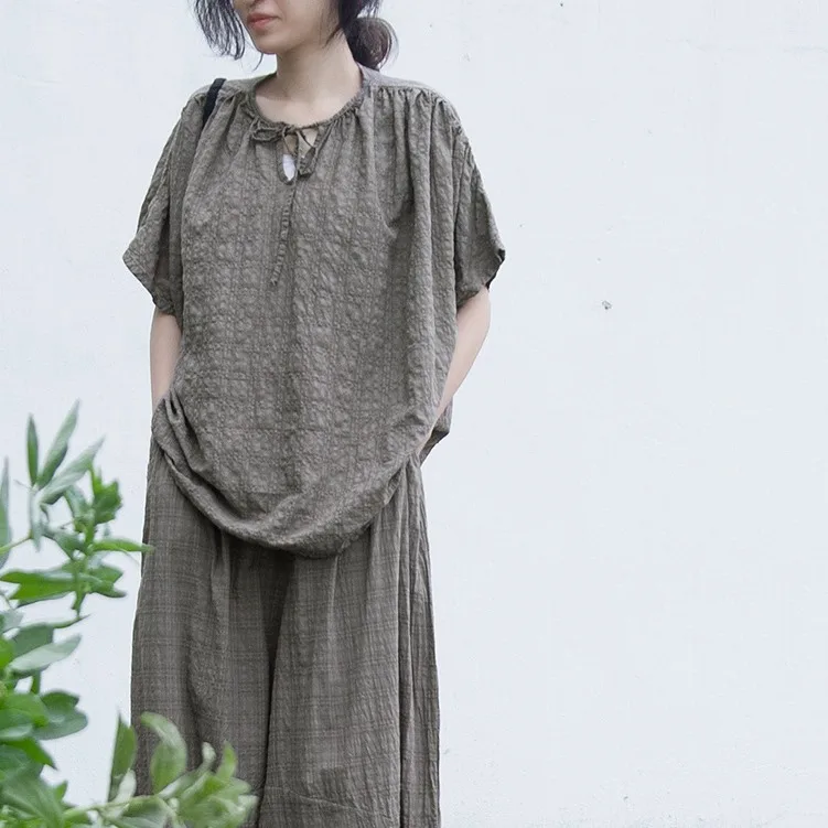 

Simple design pleated summer cotton and linen loose and comfortable plaid short-sleeved retro blouse top fashionable casual vers