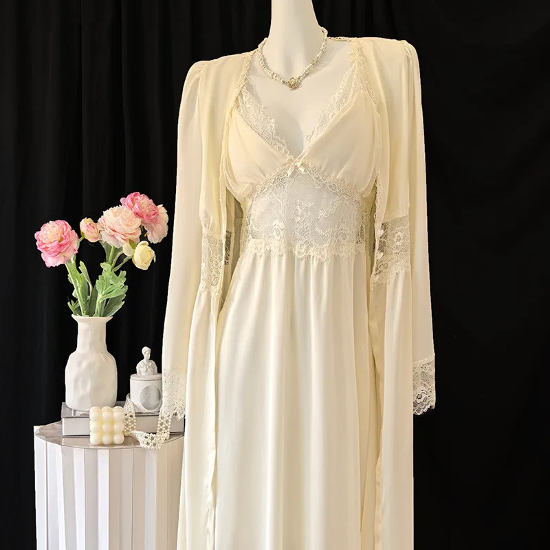Female Long Twinset Robe Set Nightgown Sexy Patchwork Lace Nightdress Sleepwear Home Clothes