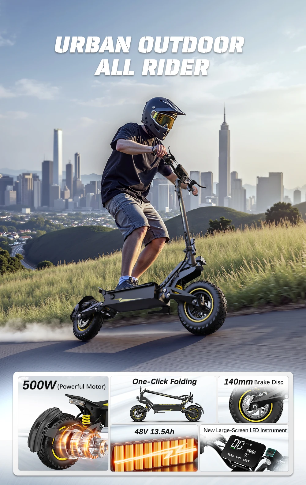 Trottinette électrique OOTD T10 pour adultes, moteur 500W, batterie 48V 13.5Ah, pneus de 11 pouces, vitesse maximale de 25 km/h, autonomie de 60 km
