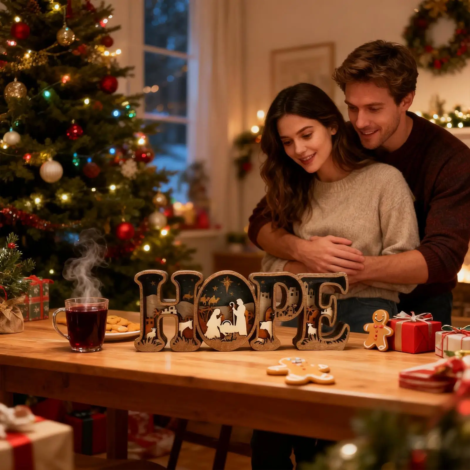 Christmas Nativity Scene Lamp 3D Wooden HOPE Letters Lamp Christian Christmas Decor For Mantelpieces Church Thanksgiving Holiday