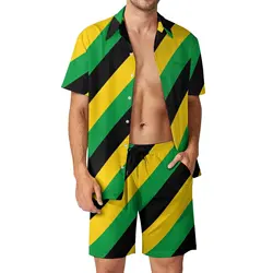 Jamaica Flag Colors Men Sets Diagonal Striped Casual Shorts Fitness Outdoor Shirt Set Summer Hawaii Suit Plus Size Clothing