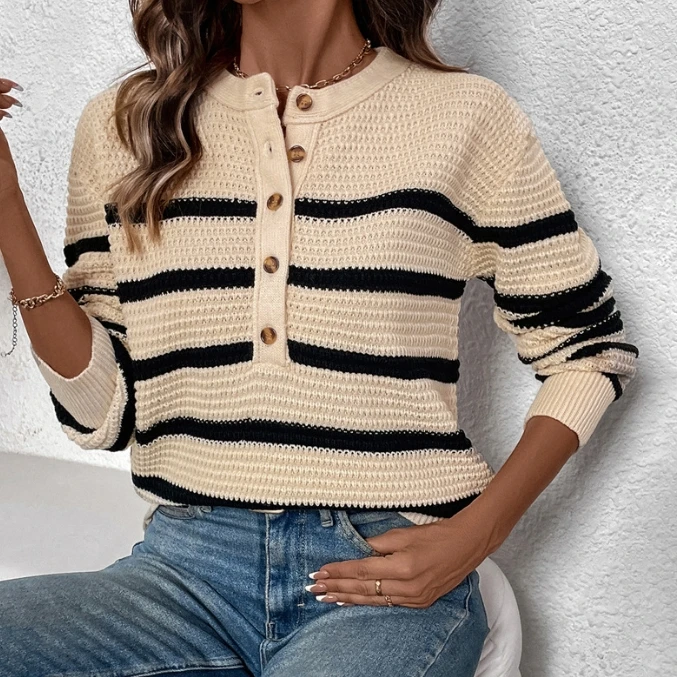 Knitted sweater pullover women's 2025 autumn/winter spring new fashion casual striped contrast sweater clothing set