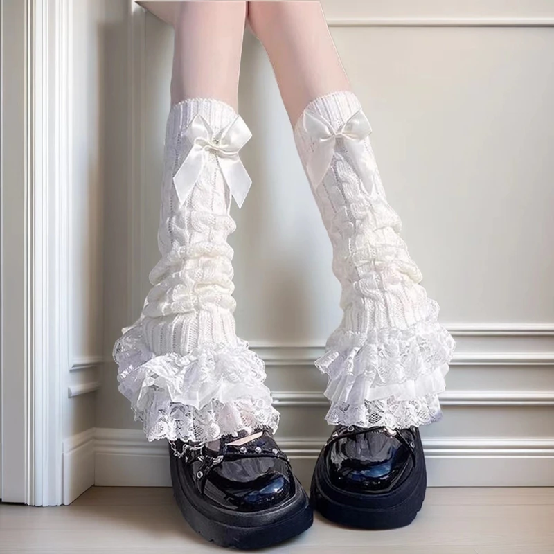 Lolita Winter Ruffled Leg Cover Women's Warm Sweet Bowknot Knit Calf Socks Long Boot Sleeves Foot Cover Accessories